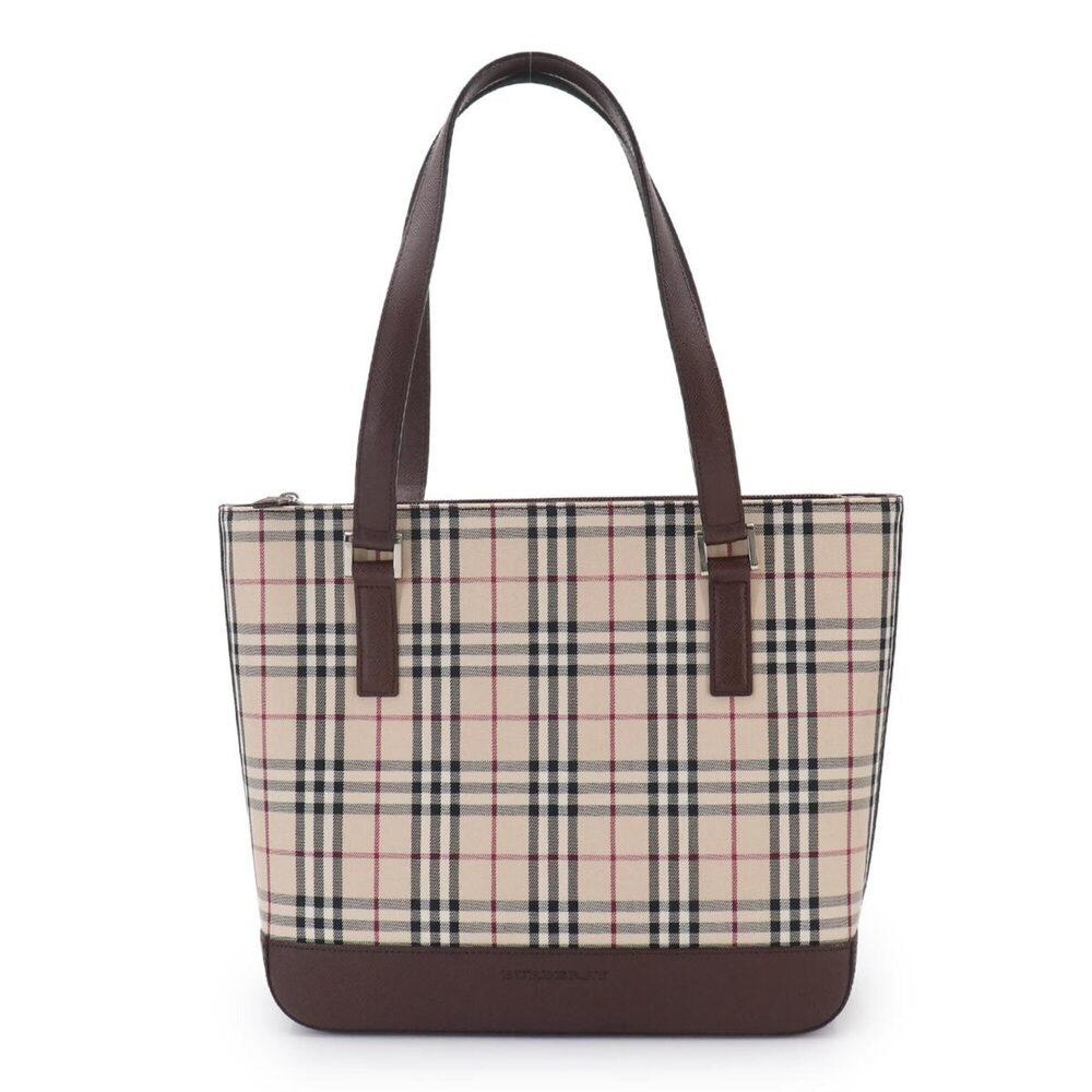 Burberry Nova Check Tote Handbag, Canvas and Leather, Beige/Brown, Silver Har...